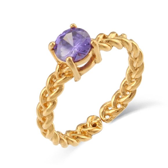 Boutique Jewelry - Purple Cubic Zirconia Woven Chain Adjustable Ring  PVD 18K Gold Plated S…